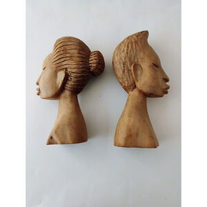 African teak ? Sculptures busts man woman signed PAUL